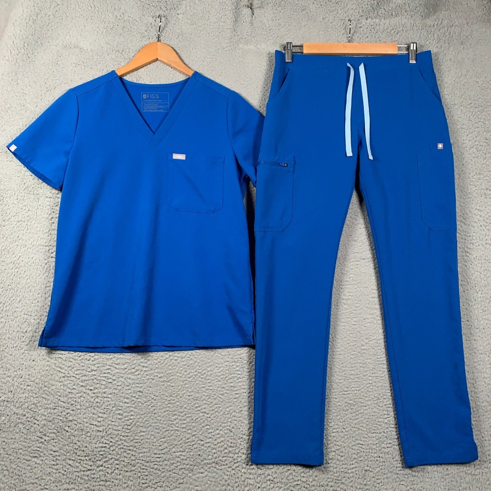 FIGS Scrub Set Catarina Top & Yola High Rise Pant Womens Small Blue Slim V-Neck